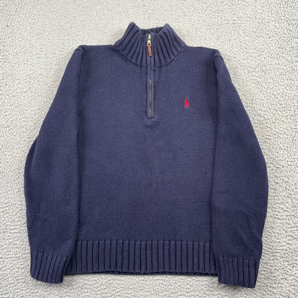 Polo Ralph Lauren Sweater Mens M Navy Blue 1/4 Zip Cotton Mock Neck Pony Logo